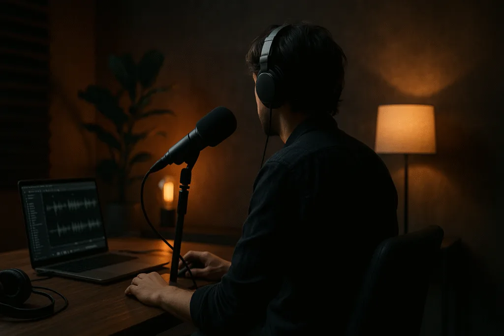 一名男子戴著耳機,從背後視角看他正坐在昏暗的房間裡錄製 Podcast。