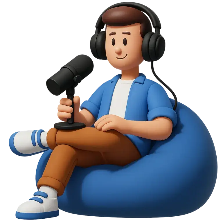 一名男性正在錄製 Podcast 的 3D 風格插圖。