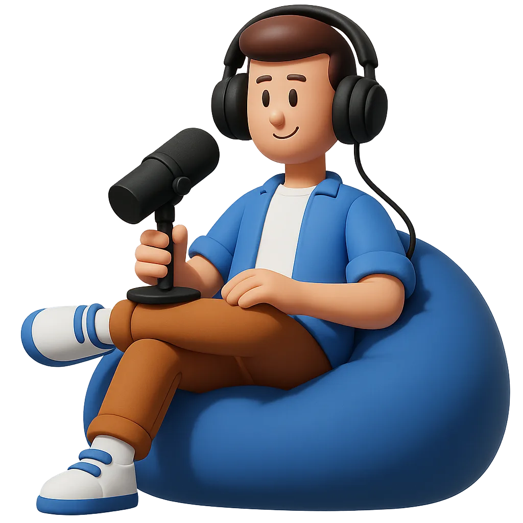 一名男性正在錄製 Podcast 的 3D 風格插圖。