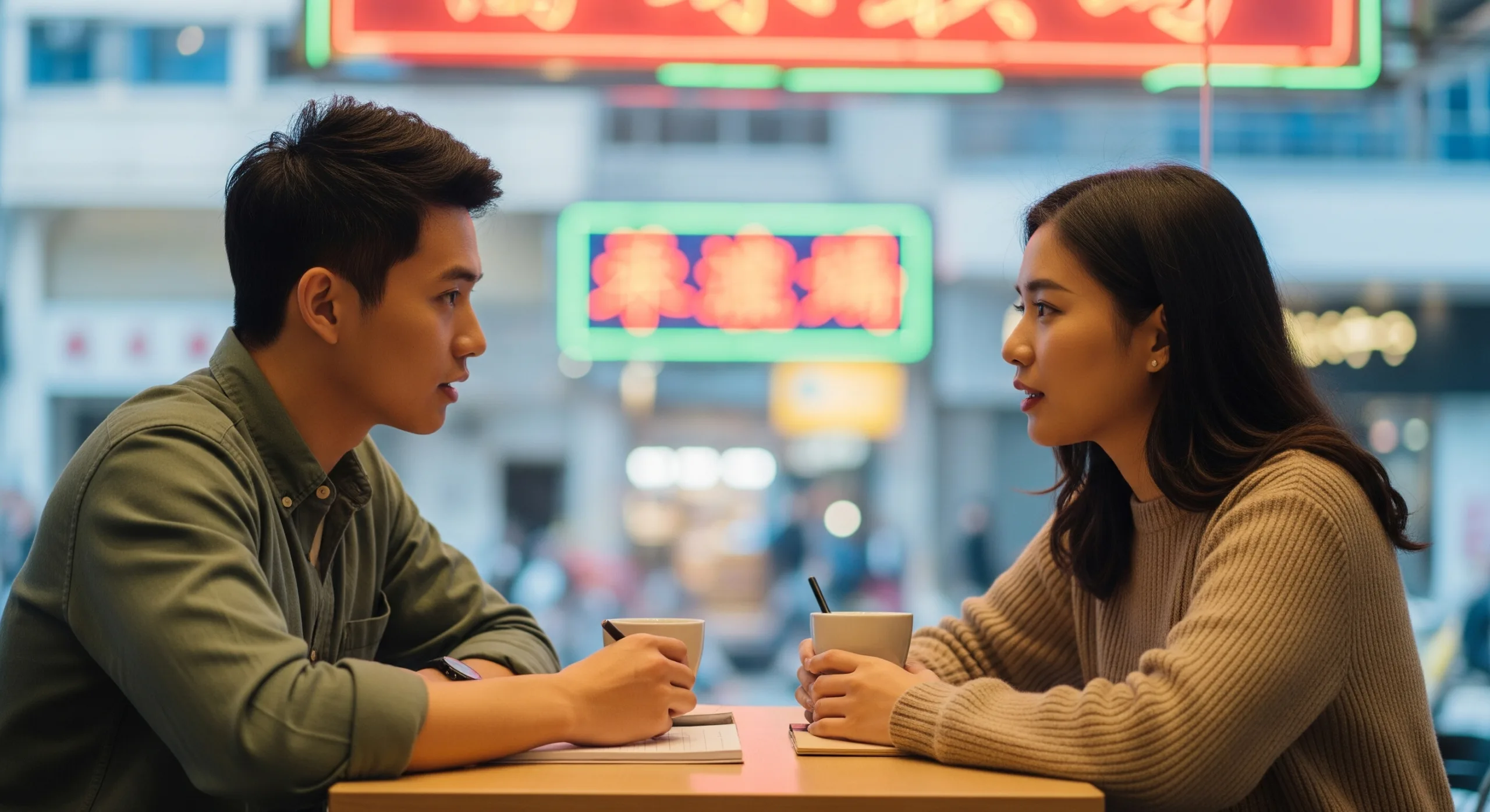 一位男性和一位女性坐在香港風格的咖啡廳裡，面對面熱烈討論。