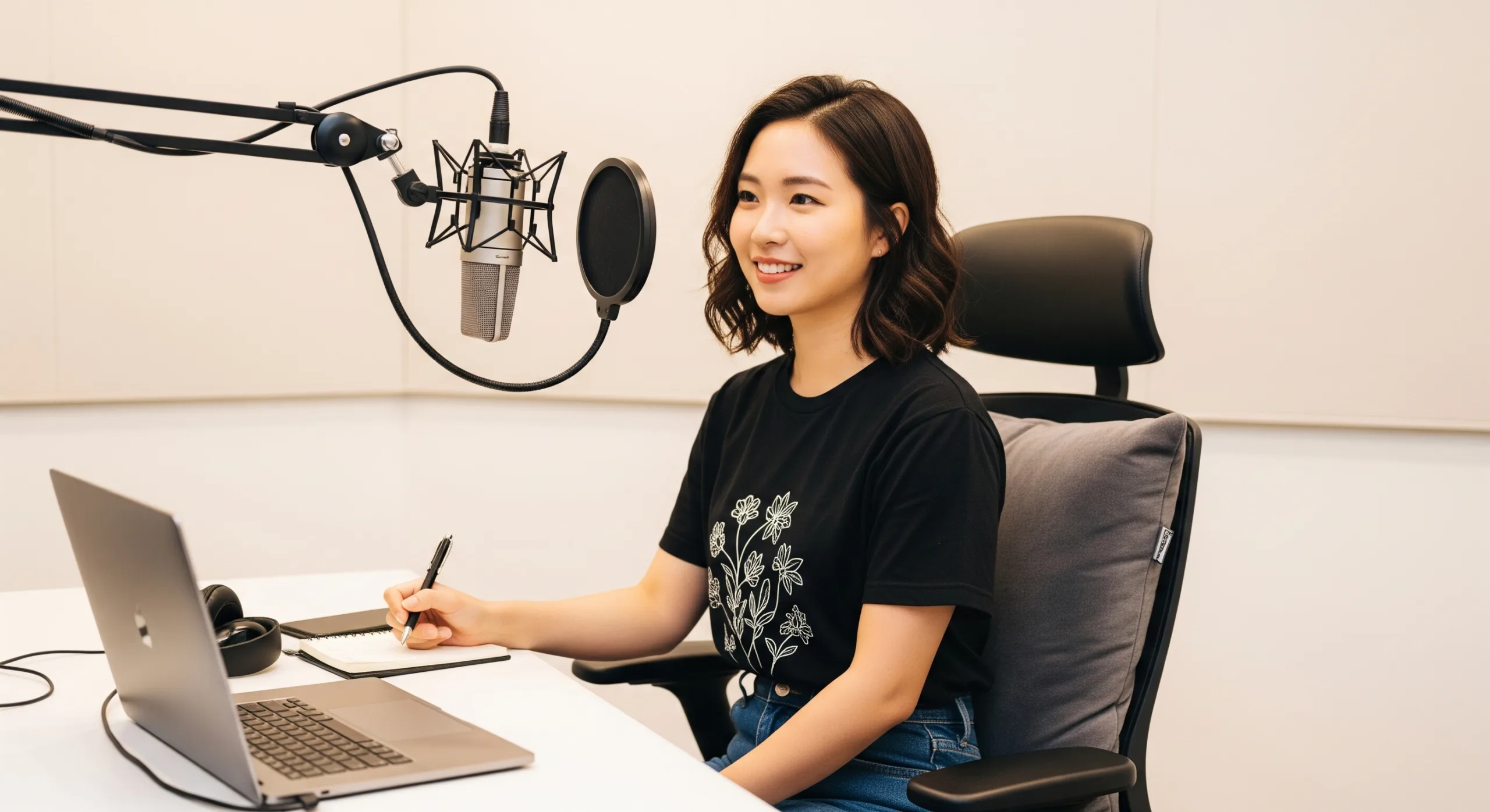 Woman recording podcast