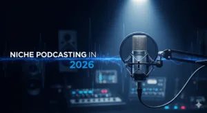 錄音室麥克風特寫，背景為藍色聲波和文字「NICHE PODCASTING IN 2026」。
