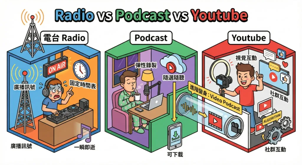 比較 Radio、Podcast 和 YouTube 三種音頻及影音平台特點的插圖