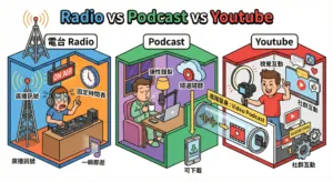 比較 Radio、Podcast 和 YouTube 三種音頻及影音平台特點的插圖